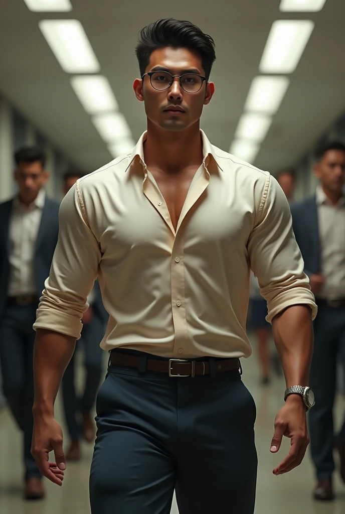 Asian gentleman,super big breasts ,tanned skin,clean shave,walk the hallway crowded,molested,Handsome and elegant,wear glasses, sexy , Masculine and handsome,musculous,Muscles look good,,, Full body photo,(ultra-detailed, photorealistic, best quality, 4k, 8k, highres, masterpiece:1.3),charming and distinguished , (muscular build body), wearing tailored shiny dress light colored shirt, open chest shirt, showing off body, toned abs and full chest,show off panty waistband,sweat,, lewd face ,tight chest, sex,, erotic, horny, , Accessories include a luxury wristwatch, in school,looking at viewer,muscle veins,six pack,hyper-realistic,