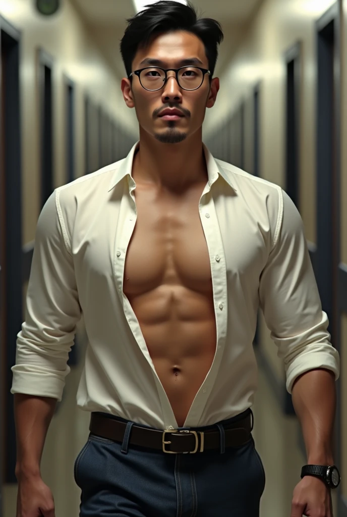 Asian gentleman,super big breasts ,tanned skin,clean shave,walk the hallway crowded,molested,Handsome and elegant,wear glasses, sexy , Masculine and handsome,musculous,Muscles look good,,, Full body photo,(ultra-detailed, photorealistic, best quality, 4k, 8k, highres, masterpiece:1.3),charming and distinguished , (muscular build body), wearing tailored shiny dress light colored shirt, open chest shirt, showing off body, toned abs and full chest,show off panty waistband,sweat,, lewd face ,tight chest, sex,, erotic, horny, , Accessories include a luxury wristwatch, in school,looking at viewer,muscle veins,six pack,hyper-realistic,