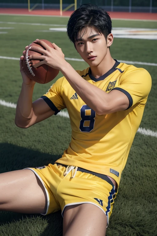 Create a realistic 64k photo of a handsome Korean male teenager with sharp features, a defined six-pack, a toned physique, and a tanned complexion. He's wearing yellow football shorts and is sitting with his legs stretched out on a football field on a day with heavy rain. His body and clothes are drenched in the downpour.