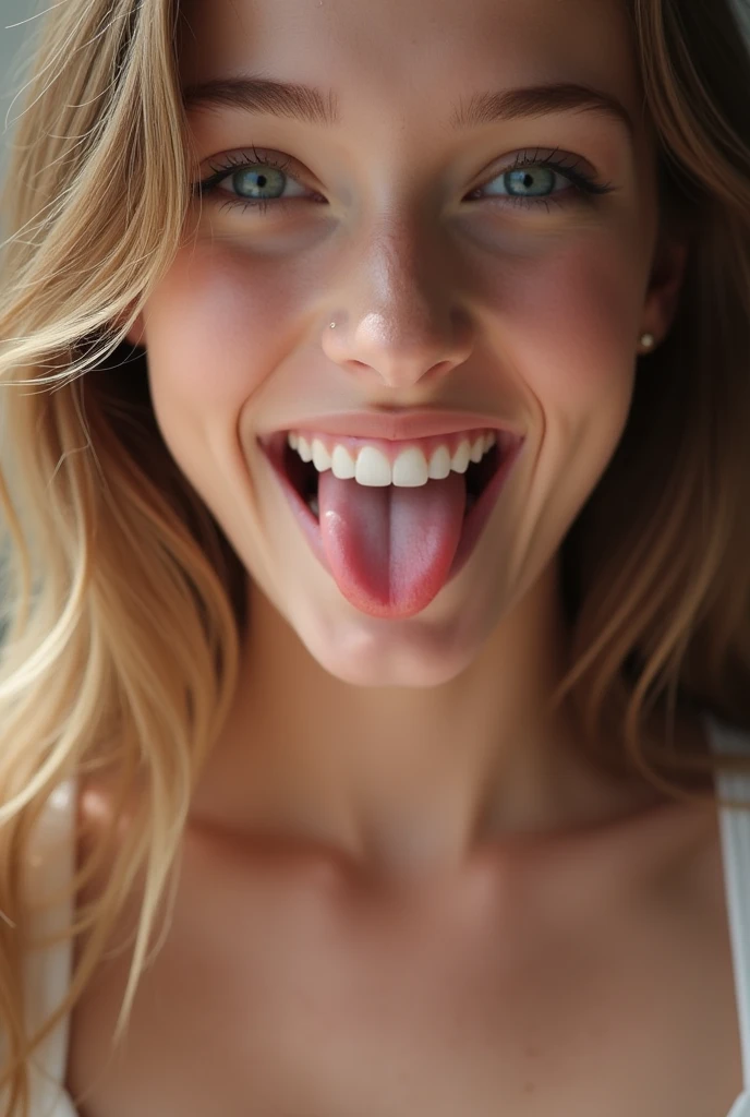 beautiful girl，Stick out your long tongue，Show us her mouth.