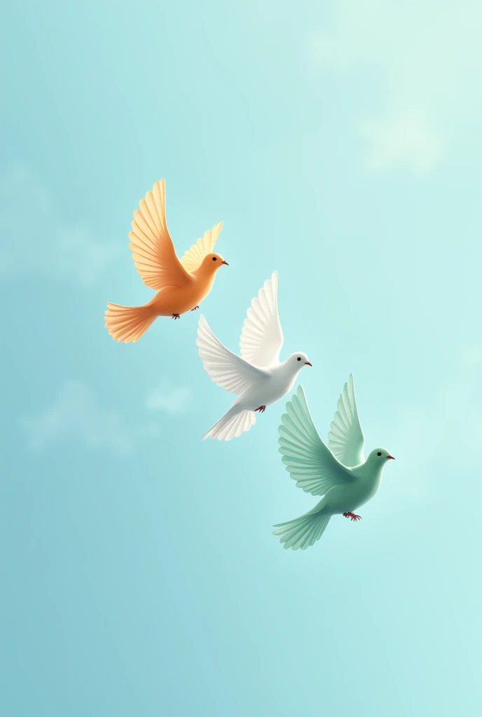 Three dove flying diagonally from left bottom corner towards right top corner, the dove at top is of saffron colour and middle dove is of white colour and bottom dove is of green colour. Baground colour is sky blue