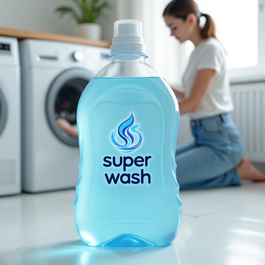 Super wash logo on liquid detergent Ocean Blue transparent clear liquid bottle with Laundry background and wishing machine with lady
