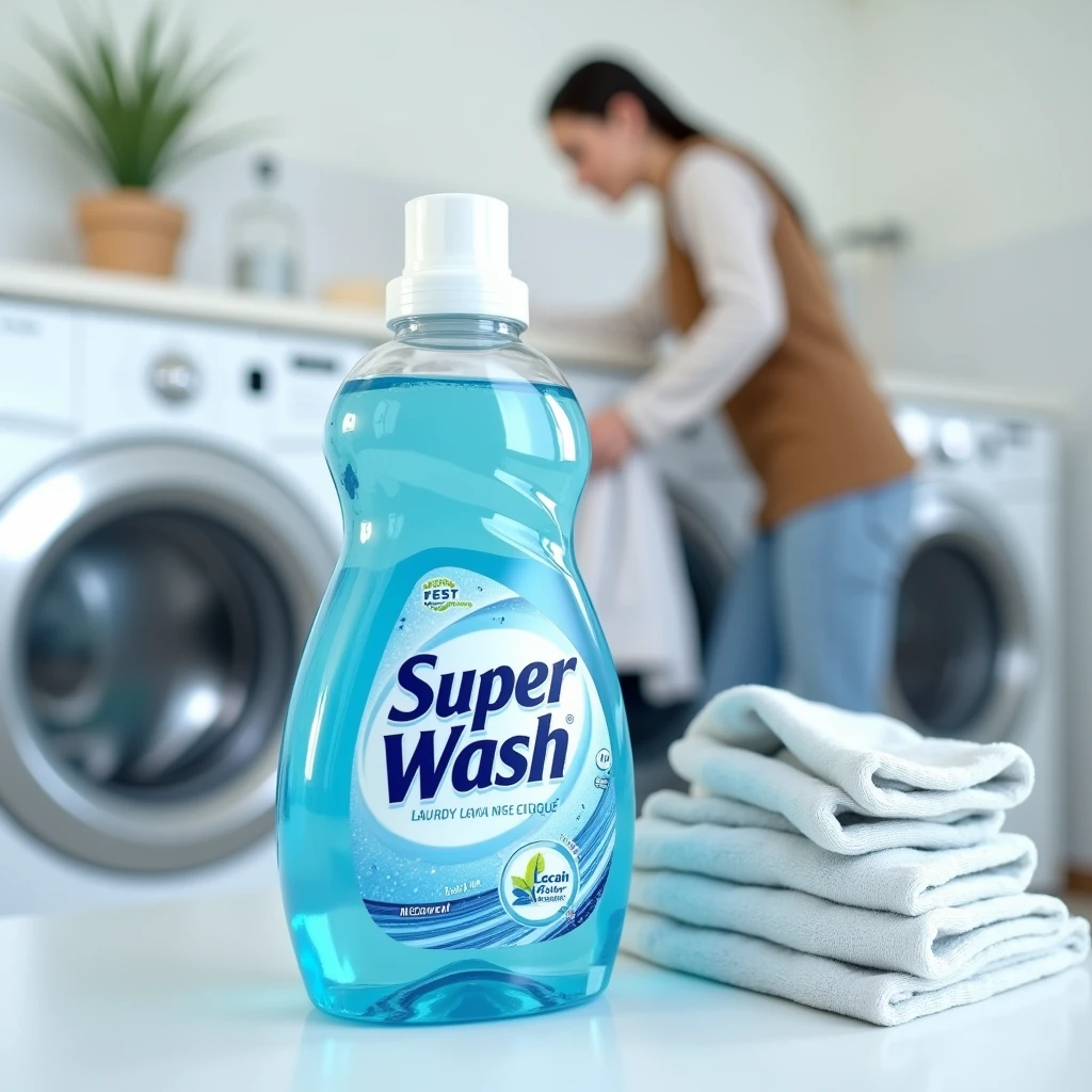 Super wash logo on liquid detergent Ocean Blue transparent clear liquid bottle with Laundry background and wishing machine with lady