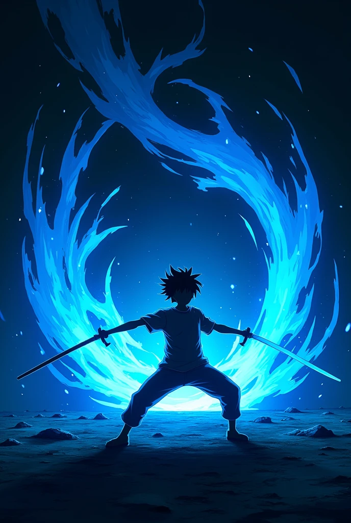 ((Best Quality)), ((masterpiece)), ((detailed)), ((High Definition)), an aura of sword slashes in anime style, all blue color, with the black silhouette of a simple person in the center, dynamic movement, fighting pose, sweeping cut, . With a black background.
