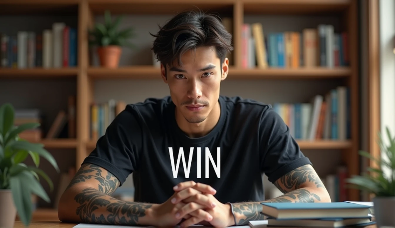 A young man with short dark hair and light skin sits at a desk, wearing a dark t-shirt. He has several tattoos visible on his arms and is positioned in front of a wooden bookshelf filled with books. The word WIN is prominently displayed in the center of the image, creating a motivational theme. The setting appears informal and inviting.