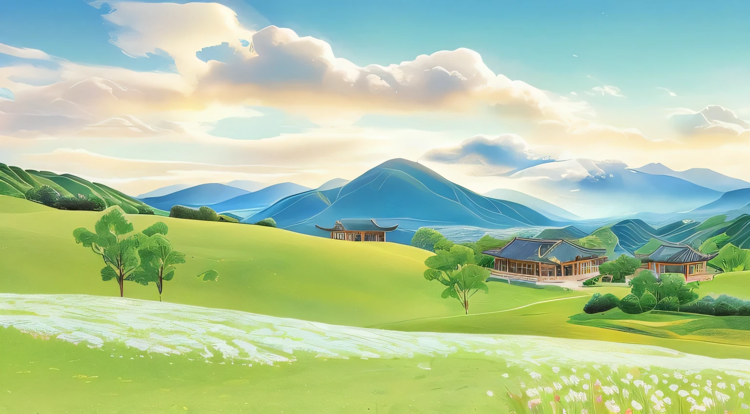 Blue sky and white clouds,Green mountains and clear waters