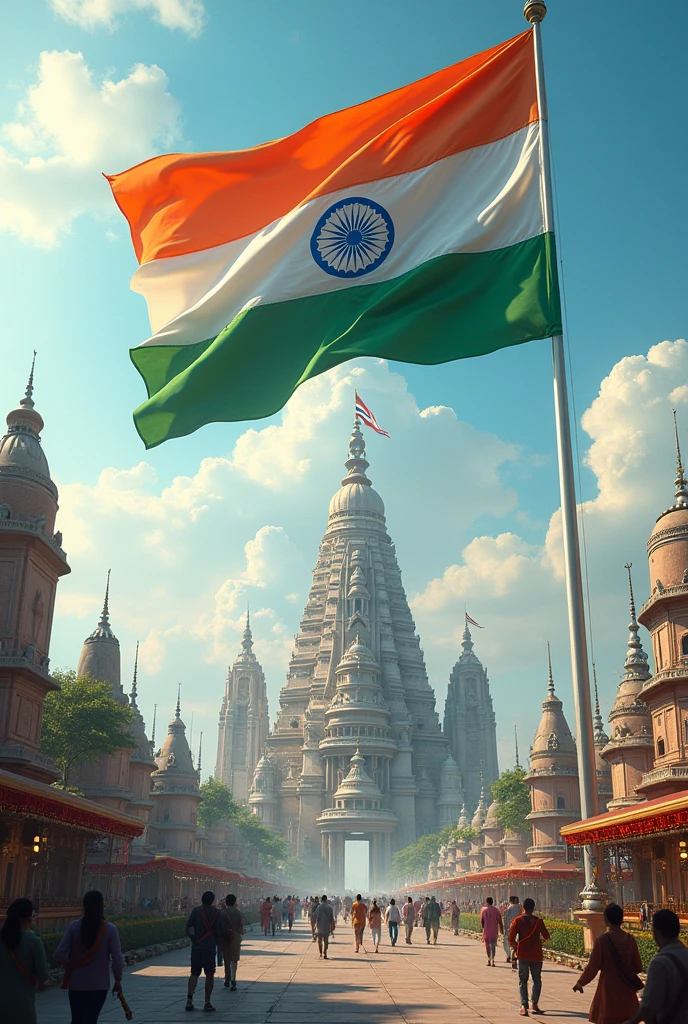 India as a developed nation 2047 with a big Indian flag inside a new unique modern kamakhya Temple city having temple like tall buildings