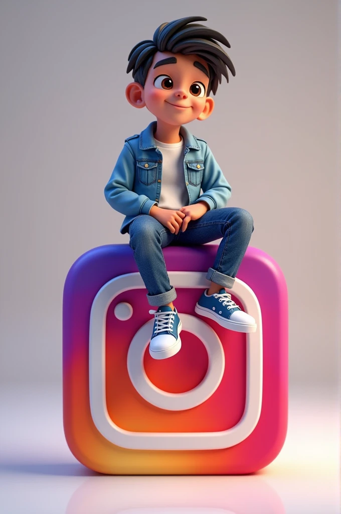 animated character sitting casually on top of a social media logo"Instagram". The Character must wear casual modern clothing such as jeans jacket and sneakers shoes. The background of the image is a social media profile page with a user name "PRAVEEN SAND" And a profile picture that match.