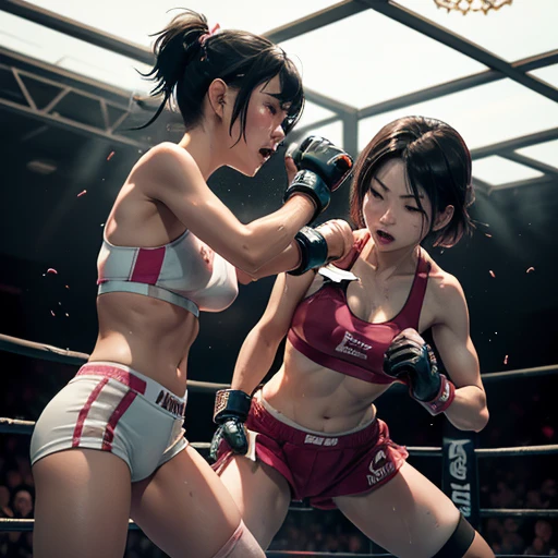  their punches are hitting to each other's cheeks. they are beating each other so hard. bloody beautiful Japanese female fighters are fighting in the octagon. life or death struggle. survival battle. dynamic exciting action in the octagon fighting ring. whole body picture. they are covered in scars and bruises. they are damaged terribry. Short-cut black hair, out of breath, drooling from mouth, one eye is closed, exhausted, drenched in sweat. Erect nipples. open finger glove. Ragged white and pink lined sports bra, high leg panty, Stockings. armwarmers. small breasts, armwarmers. Whittled waistline