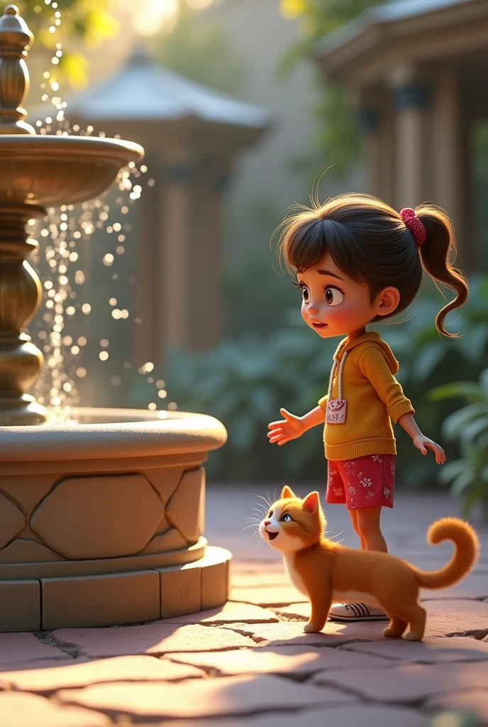 Create cat story in 3d style"
Lily Sees Whiskers:** A young girl, Lily, with a concerned expression, noticing Whiskers shivering by the fountain."