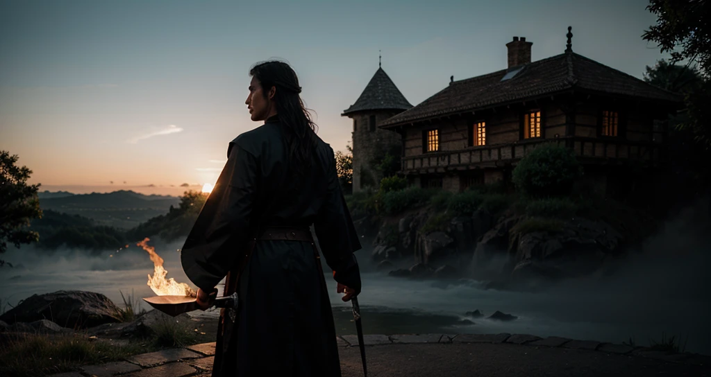 Swordsman, a warrior, adventure game, cool black robe, adventurous feel, lighting, adventure world, demon sword, ancient magic rapan, medieval, medieval house, detail, masterpiece, 4k cinematography, 4k