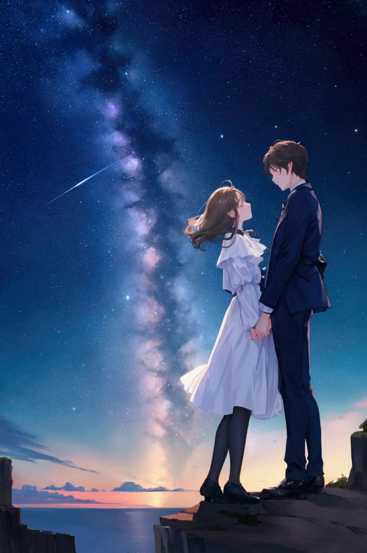 Couples of both sexes. They are on the cliff and they are looking at each other. Beautiful starry sky. I was about 20 years old. tidy