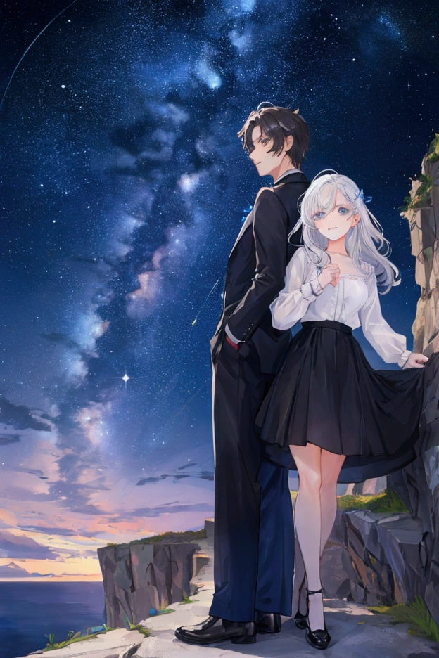 Couples of both sexes. They are on the cliff and they are looking at each other. Beautiful starry sky. I was about 20 years old. tidy
