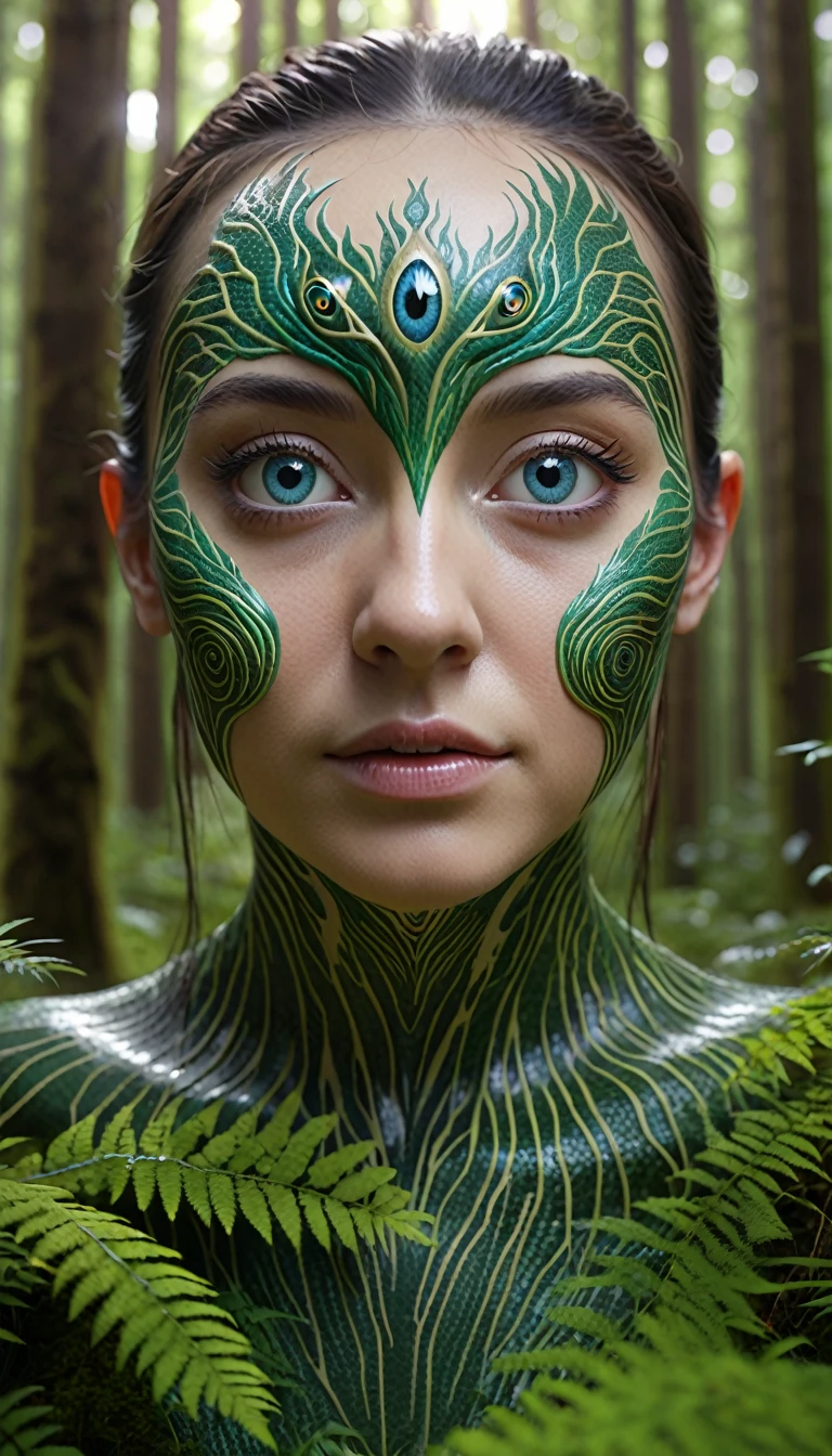 Panorama,A human-faced creature with two pairs of eyes in the forest(best quality,4K,8k,High level,masterpiece:1.2),Ultra Detailed,(lifelike,Photo real,Photo real:1.37),Highly detailed animals,Complex patterns,Realistic lighting