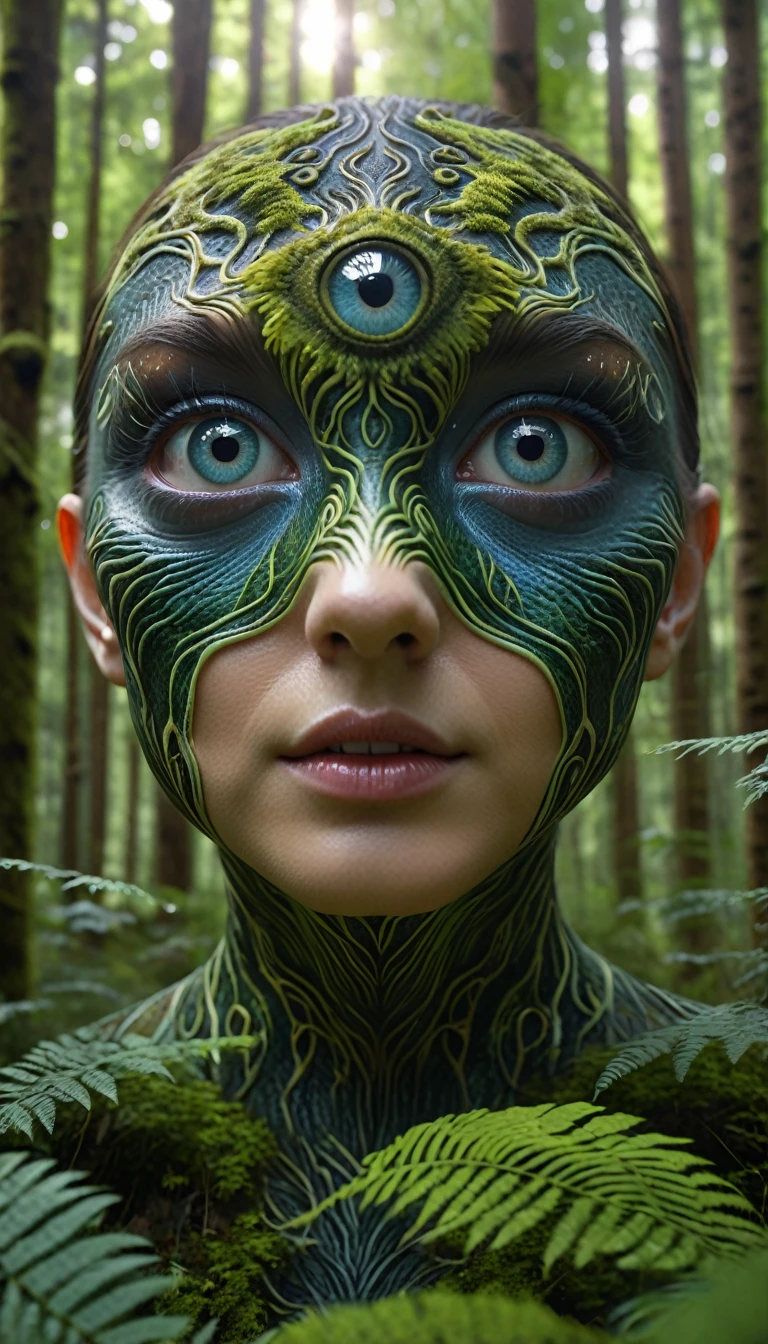 Panorama,A human-faced creature with two pairs of eyes in the forest(best quality,4K,8k,High level,masterpiece:1.2),Ultra Detailed,(lifelike,Photo real,Photo real:1.37),Highly detailed animals,Complex patterns,Realistic lighting