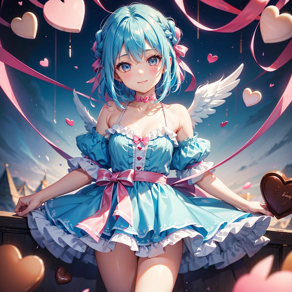 Sky blue hair、Braided Short Hair、pinkの目、Fair skin、whole body、One person、Cute Smile、Lots of hearts in the background、pink、(Heart-shaped chocolate)、(Chocolate Adult Angel)、Valentine's Day、masterpiece、Highest quality、Very detailed、Best Shadow、Detailed Background、Beautifully detailed face、High Contrast、Best lighting、Very delicate and beautiful、Cinematic Light、Hyper Detail、8k、Dramatic Light、Exquisite detail、