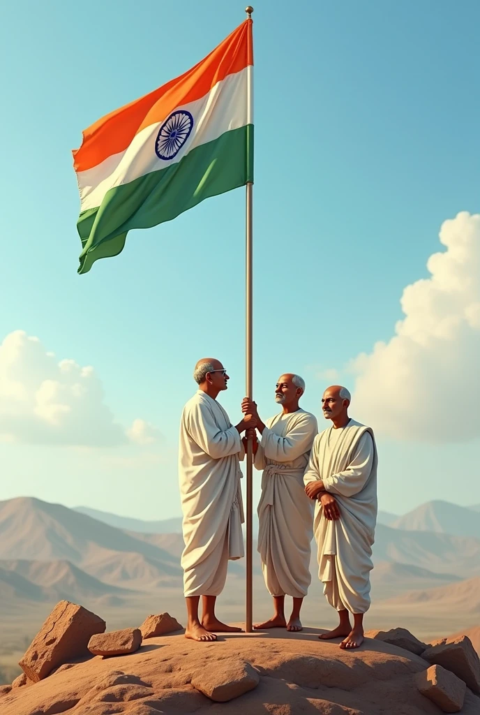 Apj abdul kalam,mahatma gandhi and jawaharlal nehru hoisting indian flag and laying foundation of india