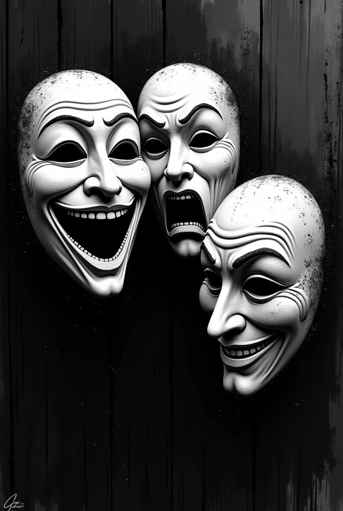 Three theater masks photo black and white gorillaz style