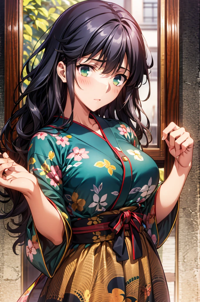 Masterpiece,Highest quality,8k,Ultra-high resolution,appropriate margins,Perfect hands,Perfect Fingers,Perfect human body,Perfect Eyes,((Cowboy Shot)),BREAK,Bright expression,(1 person),(The most beautiful woman),Slim body,((The most extraordinary breasts)),Moisturized Skin,Fair skin,BREAK,((Black Hair)),short hair,Wavy Hair,BREAK,Thin eyebrows,BREAK,Green Eyes,BREAK,(Shrine maiden),(Shrine maiden服),BREAK,Make eye contact with your audience,Embarrassing,shrine