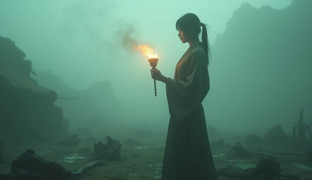 (RAW photo, realistic photo, high quality, masterpiece), Japanese beautiful woman stand in the heavy fog, the view is confused, she is holding a torch, dangerous atmosphere, skeletons on the ground, green corrosive fluids on ground and body, (her body outline only can be see from the fog), side view, look at the viewer 