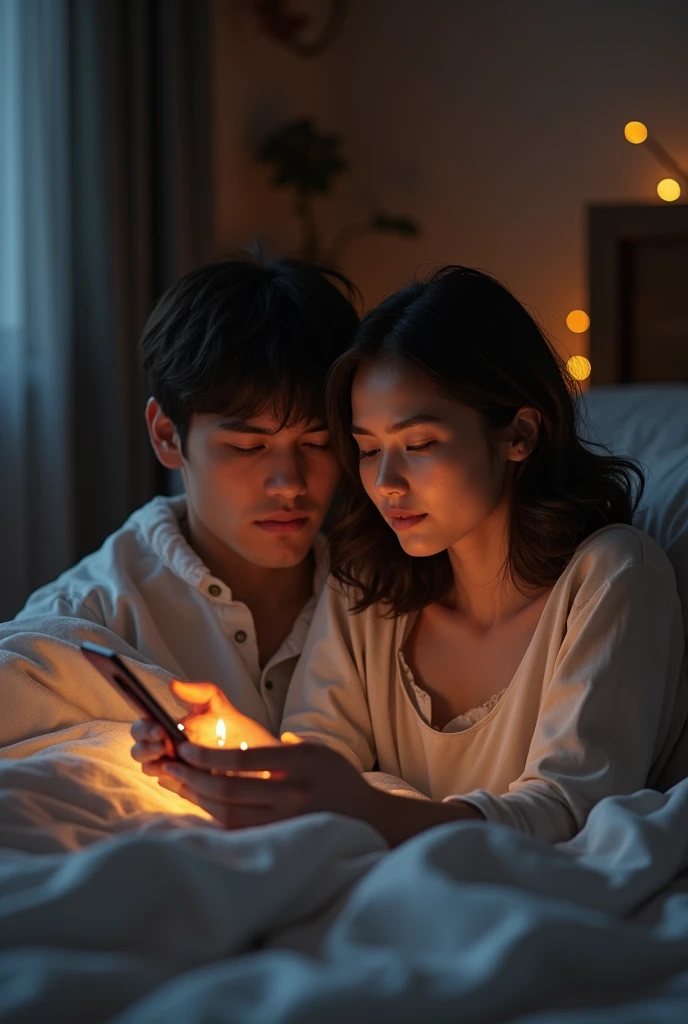 Create an image of a young couple who are lying in bed, The man is turning to the left and is asleep, and the woman is unfaithful, she is talking in love with another man on a video call