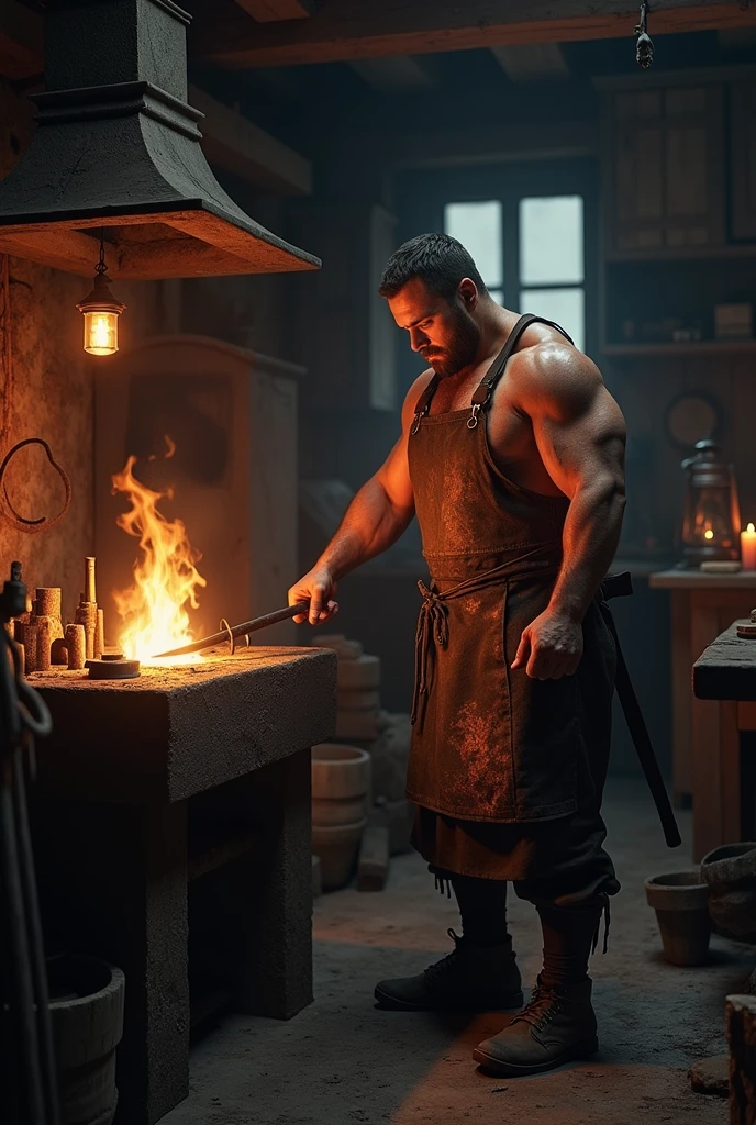 blacksmith working at night and the picture is taken from the front