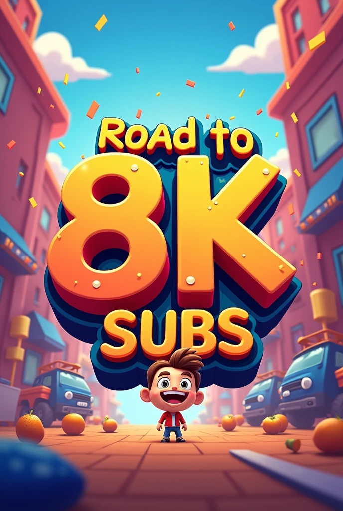Use eye-catching, large text for "Road to 8K Subs" to make the milestone clear.
Visual Elements: Include a prominent image of a character from Stumble Guys, preferably in action or with an excited expression.
Background: Use a vibrant and engaging background that contrasts well with the text and character.
You might include a progress bar or a visual representation of approaching 8K subscribers.
Utilize bright, engaging colors that fit with the Stumble Guys theme to grab attention.