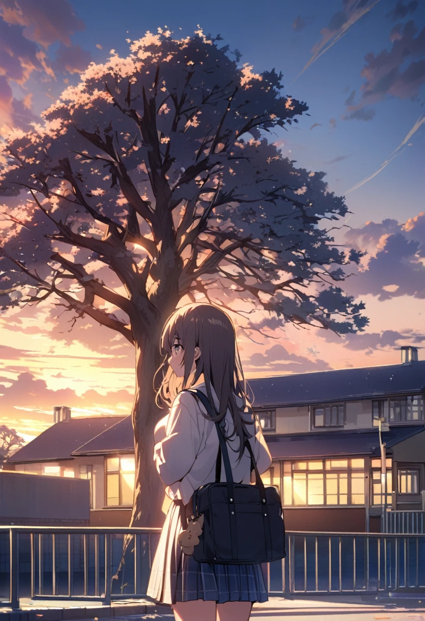 One Woman、beautiful girl、Very beautiful scenery、after school、evening、high school girl、School、Back of the school building、Schoolyard、winter、Under the big tree、that'that'it's snowing、Snowfall、Blazer Uniform、Pleated skirt、Duffle coat、Black knee-high socks、Long Hair、Wear a scarf、Highest qualthaty, Thick thighs、big 、Black Hair、The wind is raging.