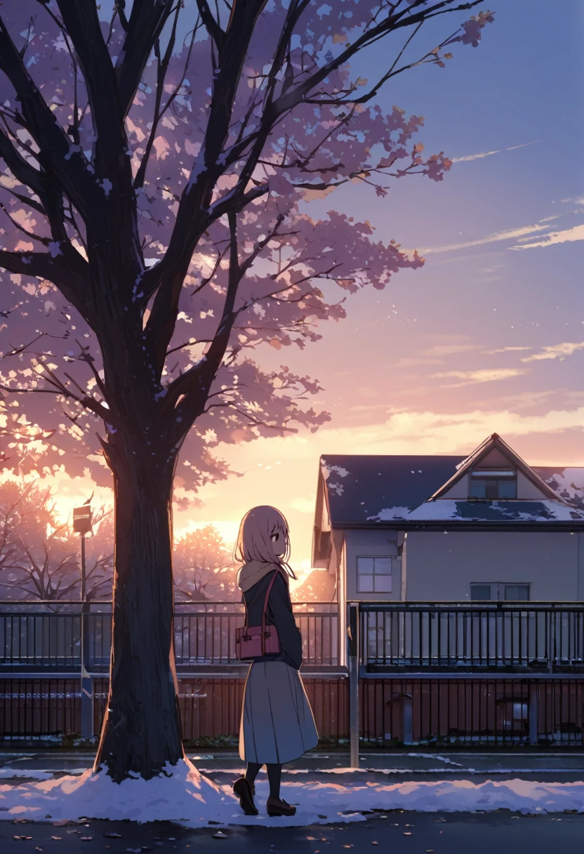One Woman、beautiful girl、Very beautiful scenery、after school、evening、high school girl、School、Back of the school building、Schoolyard、winter、Under the big tree、that'that'it's snowing、Snowfall、Blazer Uniform、Pleated skirt、Duffle coat、Black knee-high socks、Long Hair、Wear a scarf、Highest qualthaty, Thick thighs、big 、Black Hair、The wind is raging.