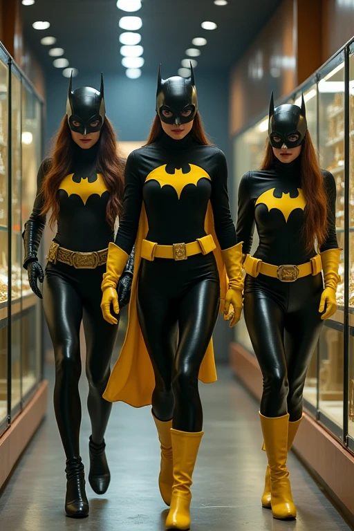 3 famme qui font en tenue en Bat-Girl font un braquage dans une bijouterie 