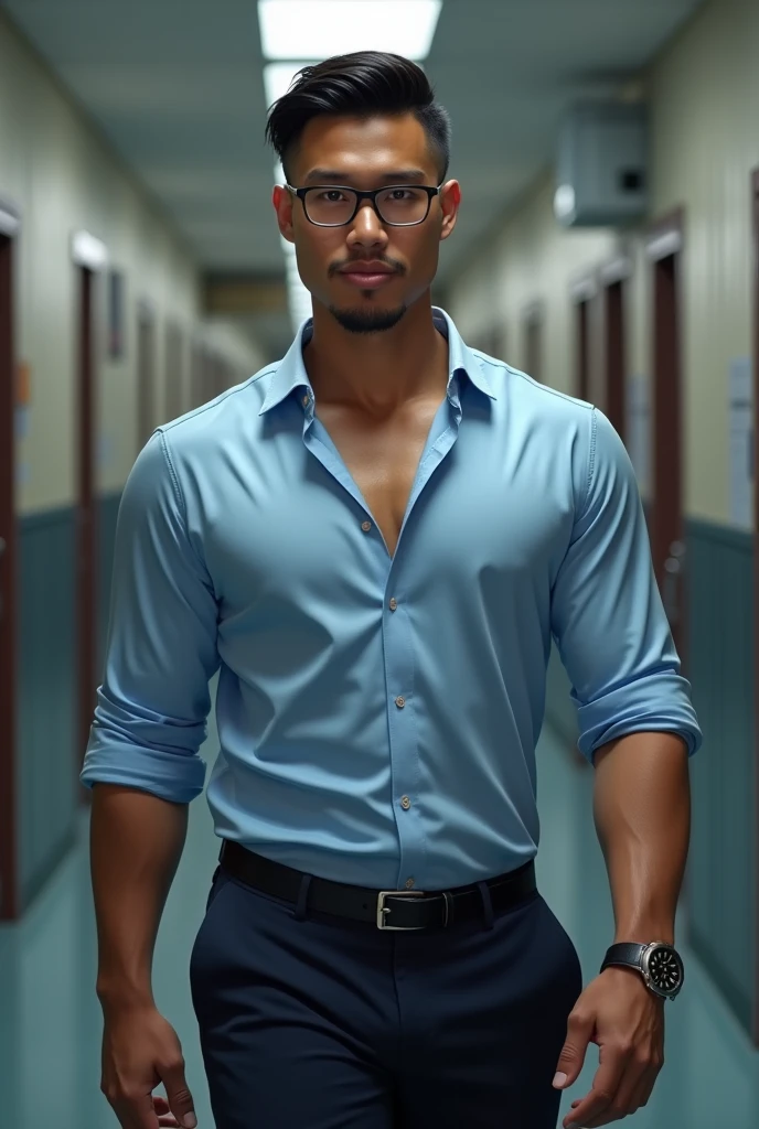 Est Asian gentleman,super big breasts ,tanned skin,clean shave,walk the hallway crowded,molested,Handsome and elegant,wear glasses, sexy , Masculine and handsome,musculous,Muscles look good,,, Full body photo,(ultra-detailed, photorealistic, best quality, 4k, 8k, highres, masterpiece:1.3),charming and distinguished , (muscular build body), wearing tailored shiny dress light blue shirt, open chest shirt, showing off body, toned abs and full chest,show off panty waistband,sweat,, lewd face ,tight chest, sex,, erotic, horny, , Accessories include a luxury wristwatch, in school,looking at viewer,muscle veins,six pack,hyper-realistic,