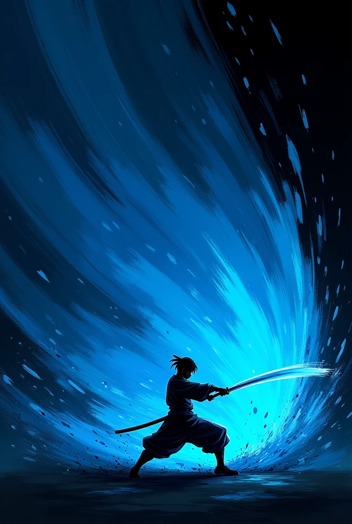 ((Best Quality)), ((masterpiece)), ((detailed)), ((High Definition)), an aura of sword slashes in anime style, all blue color, with the black silhouette of a simple person in the center, dynamic movement, fighting pose, side sweeping cut, . With a black background.