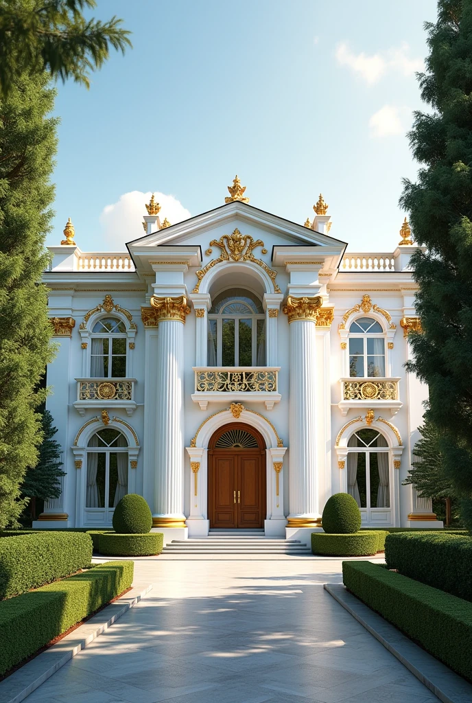 Generate a mansion. Its colour is white and golden mix