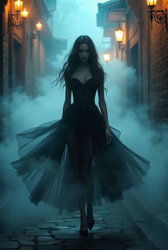 a picture of mist covered female vampire, ((you see only glimpses of her body:: 1.5)) a pair of ((glowing eyes: 1.3)) through the mist, high heels, black high heels, glamour dress, dynamic color dress, fantasy dark alley background, torchlight, (best details, Masterpiece, best quality :1.5), ultra best realistic pictures , best details, best quality, 16k, [ultra detailed], masterpiece, best quality, (extremely detailed), ultra wide shot, photorealism, depth of field