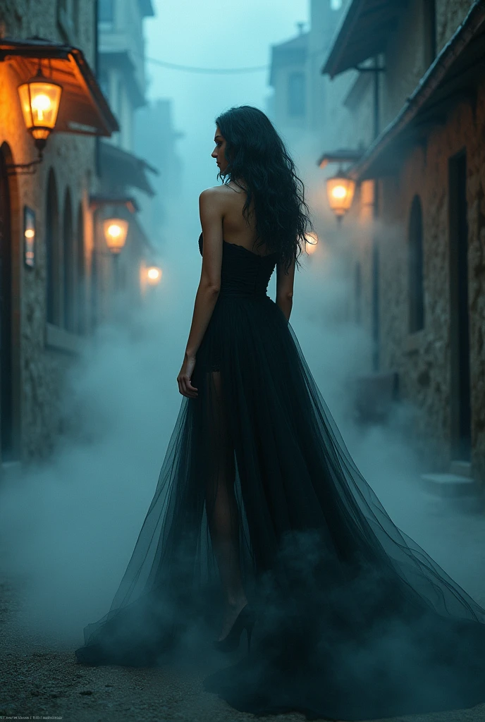 a picture of mist covered female vampire, ((you see only glimpses of her body:: 1.5)) a pair of ((glowing eyes: 1.3)) through the mist, high heels, black high heels, glamour dress, dynamic color dress, fantasy dark alley background, torchlight, (best details, Masterpiece, best quality :1.5), ultra best realistic pictures , best details, best quality, 16k, [ultra detailed], masterpiece, best quality, (extremely detailed), ultra wide shot, photorealism, depth of field
