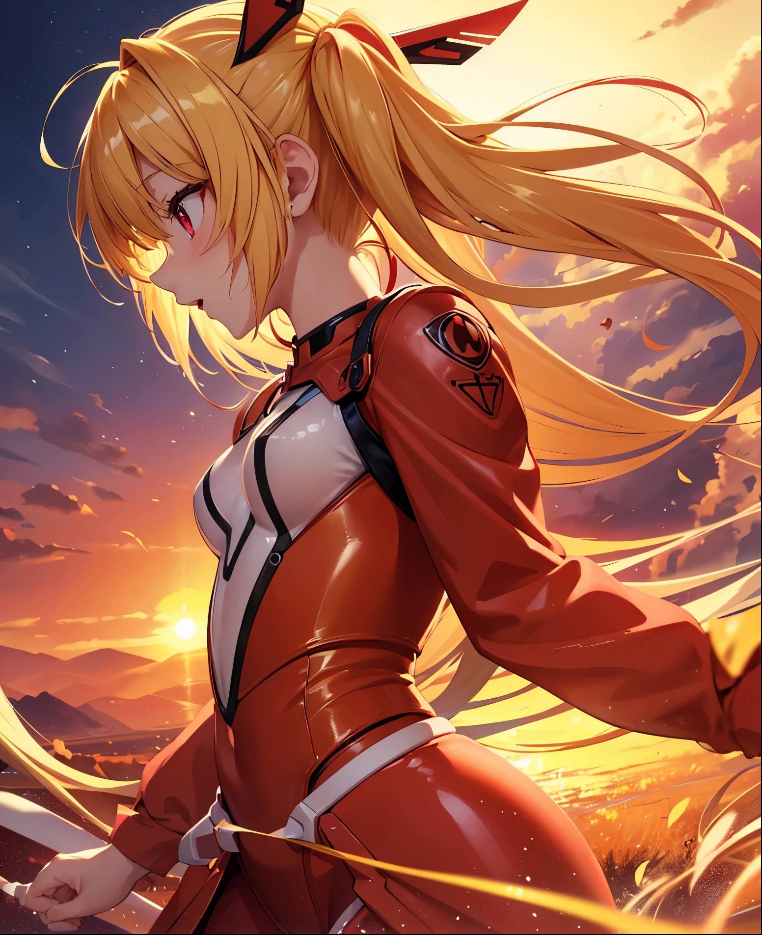 Masterpiece, High-res 1. 4), Top quality, Illustration, Extra fine definition, One girl, Idol-like animated character, Cute face, Big mouth, Full face, Smiling, Lovely face with kind eyes, Bright expression, Beautiful blonde hair, Twin-tail, Golden hair, Short twin with red ribbon, Small breasts, High quality High res, perfect dynamic composition, close-up, beautiful red eyes with details, beautiful blonde twin tails, short twin, red ribbon, perfect dynamic composition, close-up profile, beautiful red eyes with details, full body plug suit tightly fitting, sunset as lighting, high quality, perfect Dynamic composition, Close-up profile, Beautiful red eyes with details, Dressed like Asuka from Evangelion, Sunset as lighting, Movie light