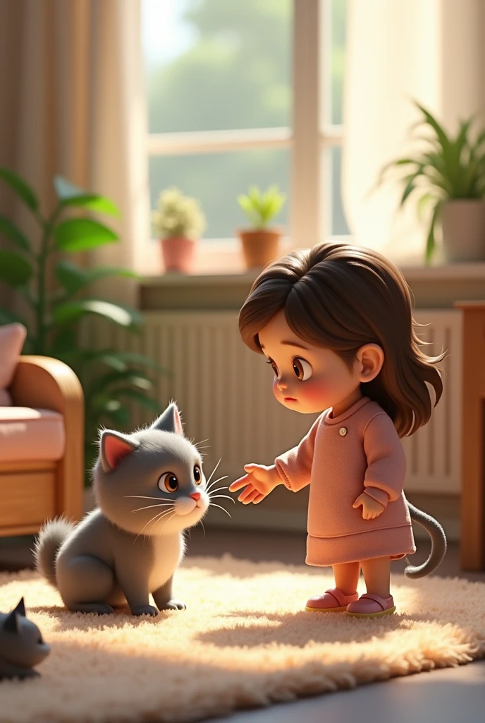 Create cat story in 3d style"
Lily Approaches Whiskers:** Lily extending her hand cautiously towards Whiskers."