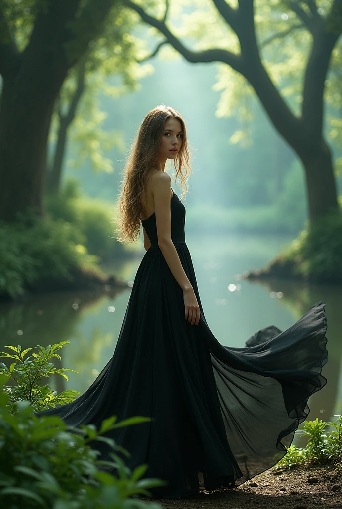 Create a photo by a girl standing in a beautiful nature place and she is wearing black dress and turned around
