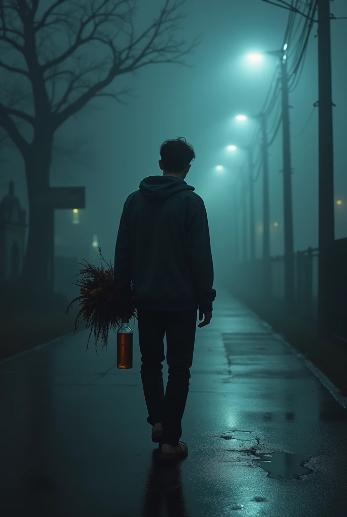 A young man walks in the night, There is fog from a heavy rain, Down a street, His face shows sadness, courage. pain, sobbing, His walk is sad. In one hand he carries a bouquet of flowers that has withered from the rain. In the other hand, a half-empty bottle of alcohol, He walks slowly towards a cemetery in the distance 