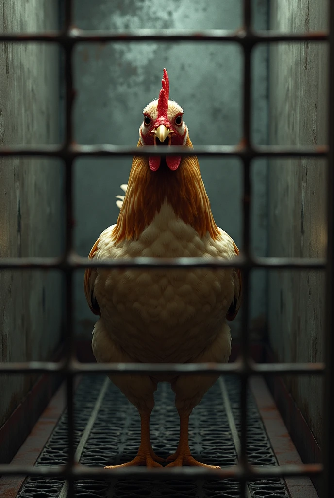 An hen in prison and looking at me