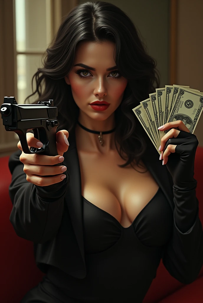 A sexy woman is holding a gun and money.