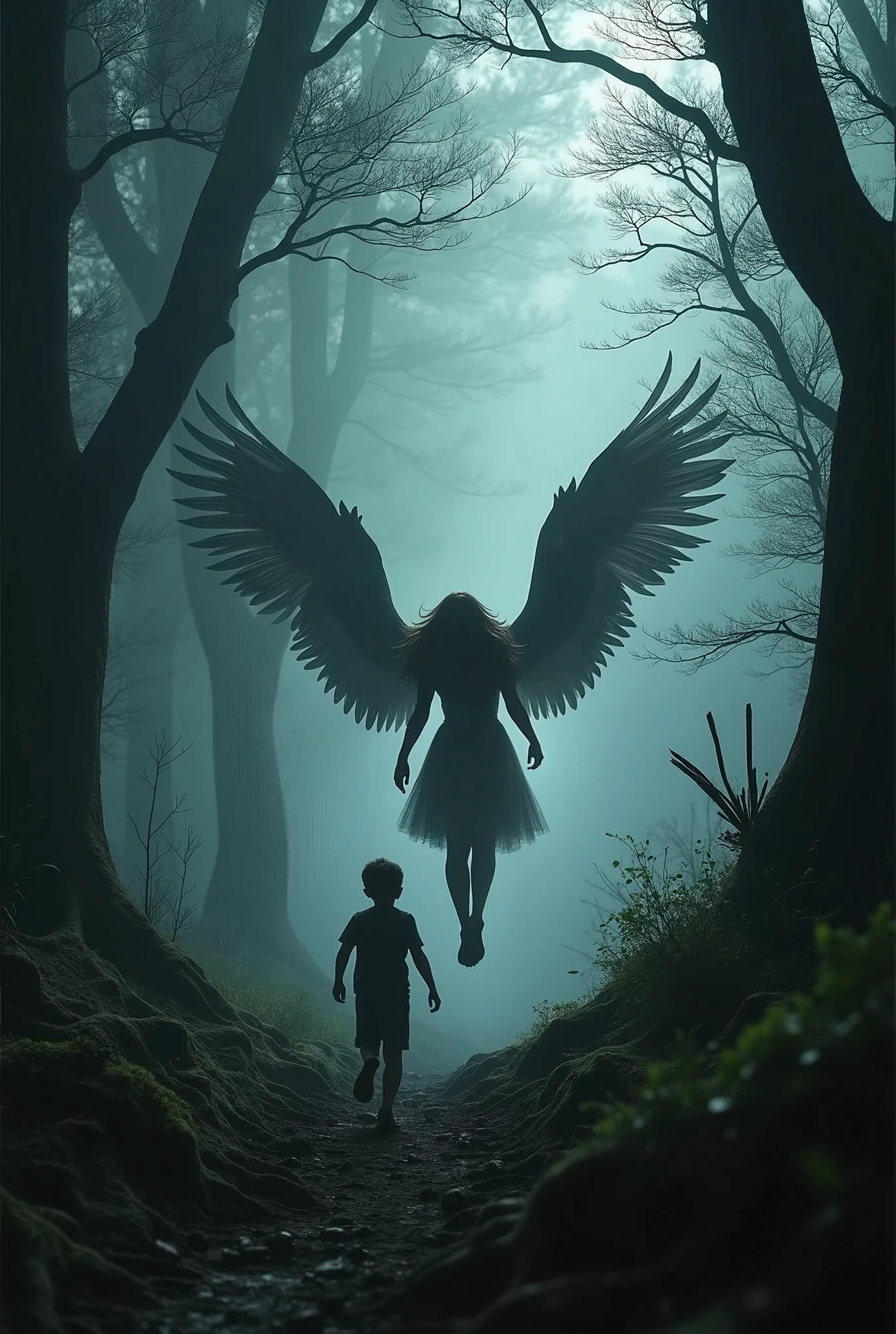 top view,a winged woman flying and chasing a boy through the dark woods, creepy mist environment,texture rough, captured in ultra photorealistic style, 8k resolution, dramatic lighting, cinematic atmosphere