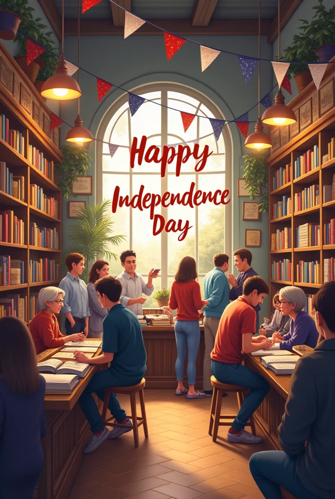 Create a "happy independence day" image from endless book store