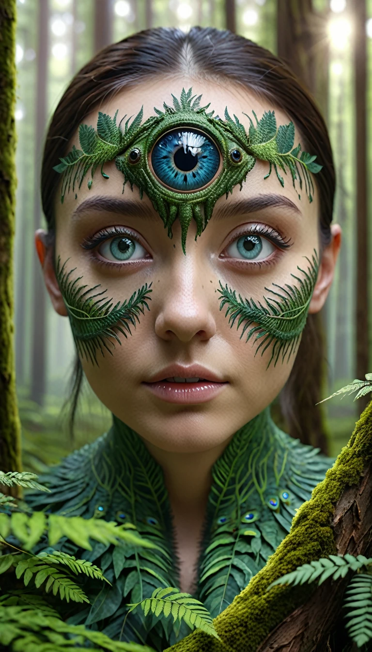 Panorama,A human-faced creature with two pairs of eyes in the forest(best quality,4K,8k,High level,masterpiece:1.2),Ultra Detailed,(lifelike,Photo real,Photo real:1.37),Highly detailed animals,Complex patterns,Realistic lighting