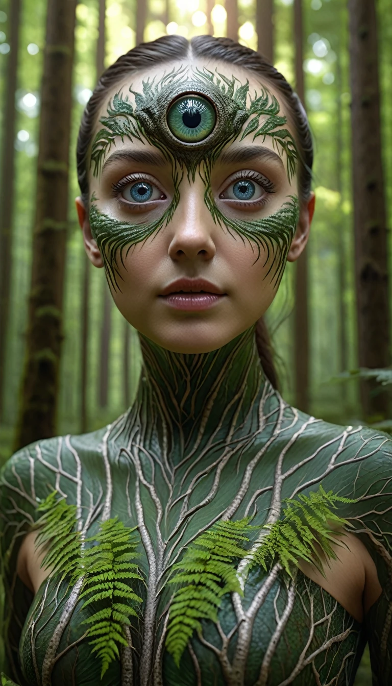 Panorama,A human-faced creature with two pairs of eyes in the forest(best quality,4K,8k,High level,masterpiece:1.2),Ultra Detailed,(lifelike,Photo real,Photo real:1.37),Highly detailed animals,Complex patterns,Realistic lighting