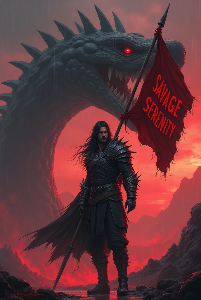 The image is in dark and blood colour in war land fights are going and blood raining and Storms very hard There is a warrior holding sword also looking at sunset rains should be handsome he 17 years young boy and body six packs and the warrior is in red eyes and smiling scary hard and have beard small mustache and long hair in black colour while he was about to die in balck clothes spikes and flying which look dangerous and dark atmosphere and slightly raining he is hold a spear which attached to a flag in the flag SAVAGE SERENITY is written in English in red blood colour in darky fonts and he's left side a colossal bigger than a mountain snake in balck colour simple snake like structure in its mouth eating a another warrior and is there which protects the warrior and in background a mountains in sunset mode The image should be quite far to see A SNAKE IN THS LEFT SIDE in open mouth the warrior should be