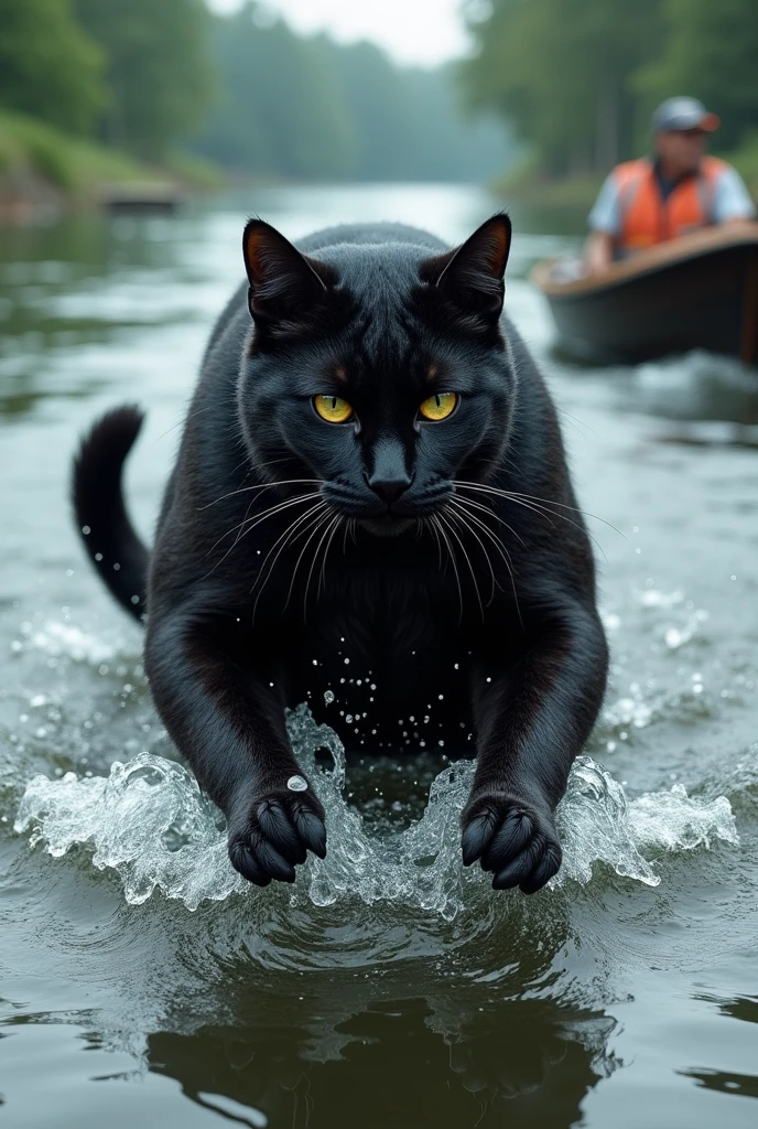 A big,muscular black cat standing on two legs tried to swim after the boat but couldn’t catch up