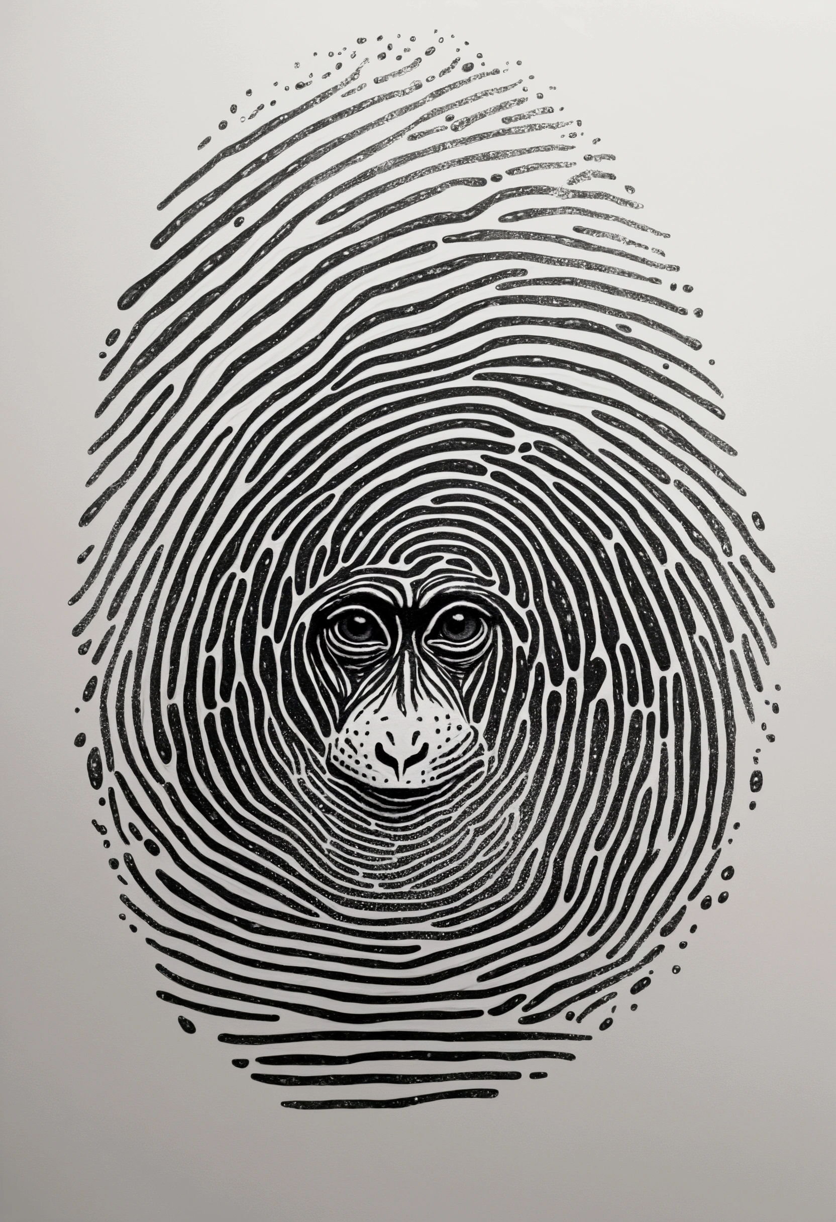 Monkey with little horns in art style of a fingerprint, like a black paint in water effect, black line, non-realistic, black on white