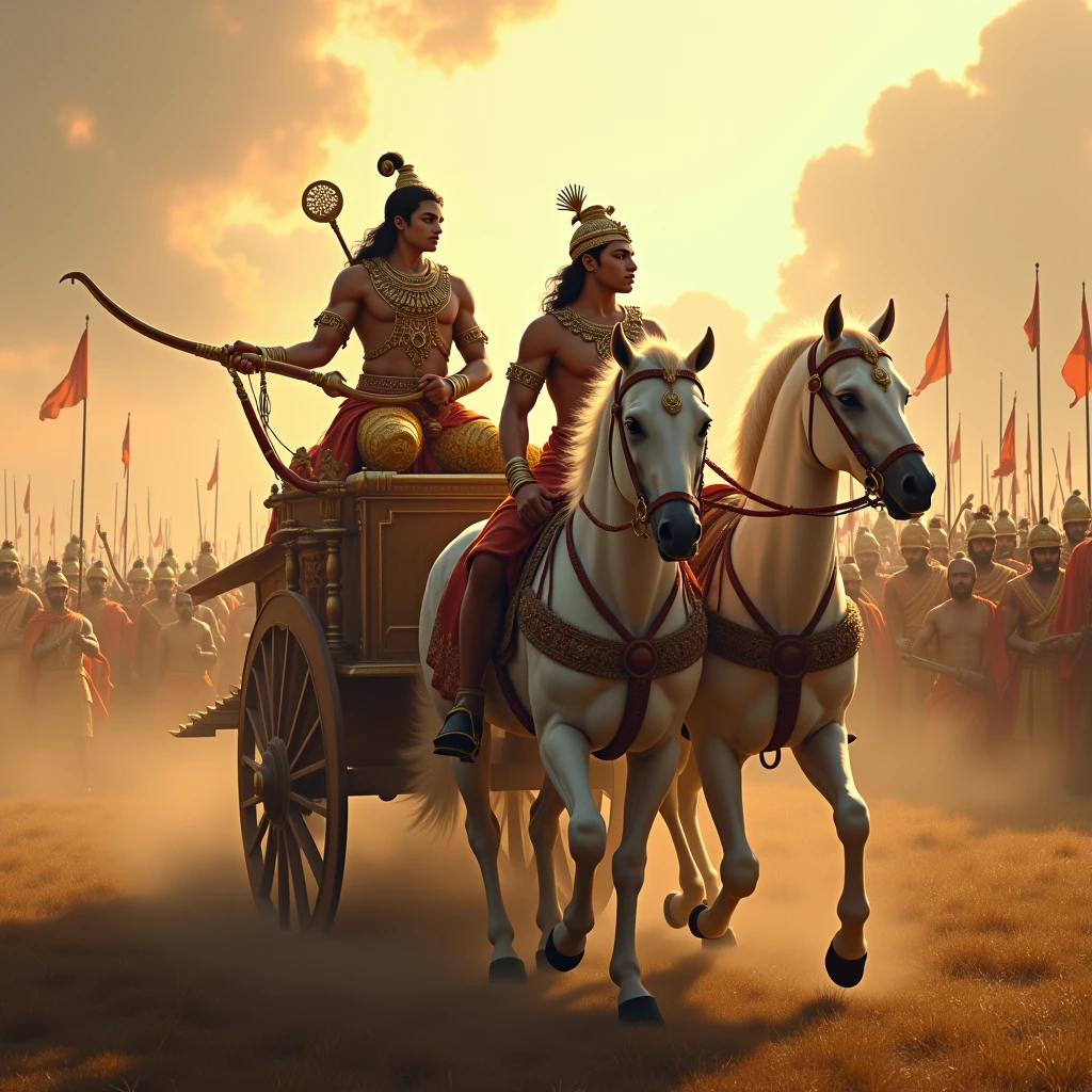 Visualize Arjuna standing firmly on his chariot, drawn by white horses, with Krishna as his charioteer. Arjuna, holding his bow, scans the vast battlefield with a focused and intense expression, as he surveys the warriors on the opposing side. Krishna, calm and divine, gently holds the reins, guiding the chariot. The background features two massive armies lined up on either side, with banners waving and weapons gleaming under the sun. The atmosphere is tense, filled with anticipation, as Arjuna seeks to identify the key warriors he will face in the upcoming battle. The scene should capture the gravity of the moment, with detailed armor, chariot designs, and the vastness of the battlefield emphasizing the scale and seriousness of the situation.