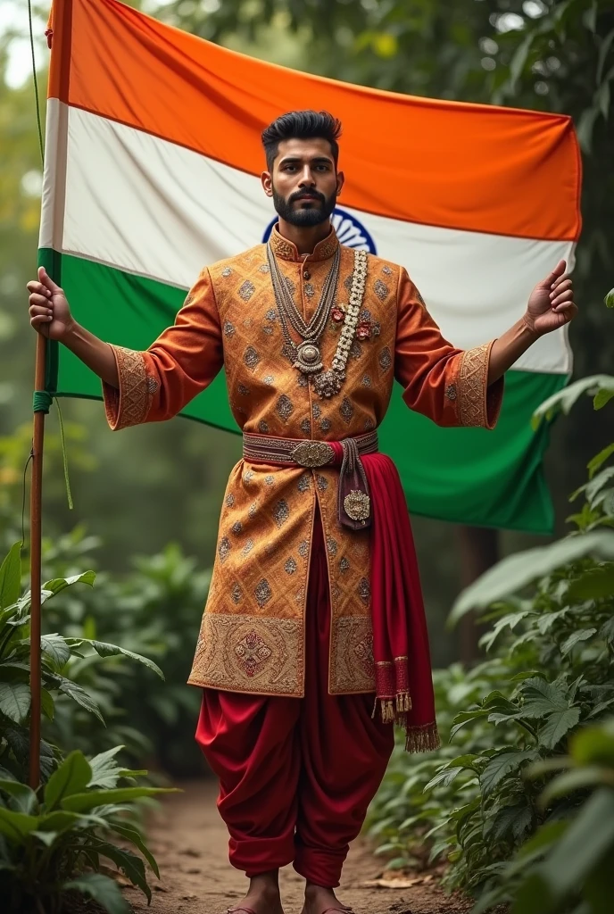(photorealism:1.2), handsome man with traditional outfit, standing positin, plants in background, relaxed pose, realistic, intricate details, warm colors,holding indian tricolour in hands